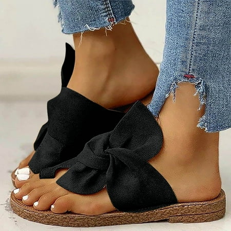 

HaiMao Women s Bow Knot Flat Sandals Clearance Open Toe Slip On Slide Slipper Single Band Flats Black 10(42)