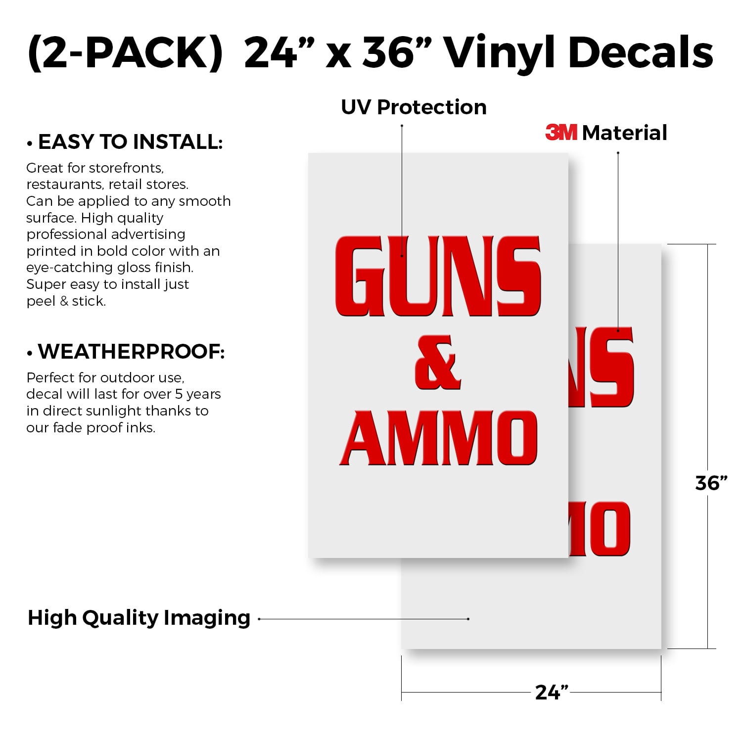 Guns & Ammo (2-PACK) 24" x 36" Vinyl Decals | Sign Insert Peel & Stick Decals Stickers Window Signs