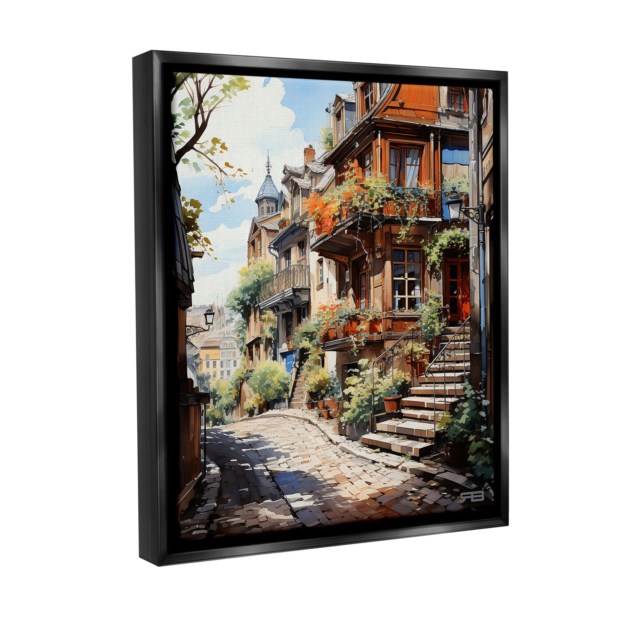 Stupell Industries Cobblestone Walkway in Town Travel & Places Painting Black Floater Framed Canvas Art Print Wall Art, 25 x 31