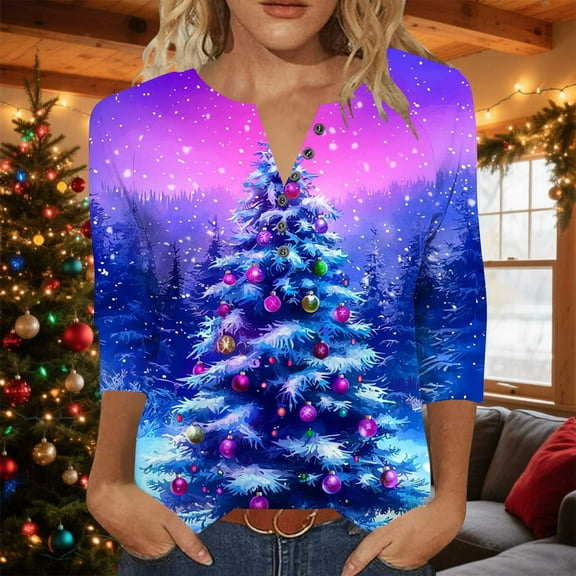 Jsaierl Merry Christmas Shirts for Women Plus Size Xmas Graphic Tees Going Out Crewneck T-shirt 3/4 Sleeve Tunic Blouse Tops Christmas Gifts