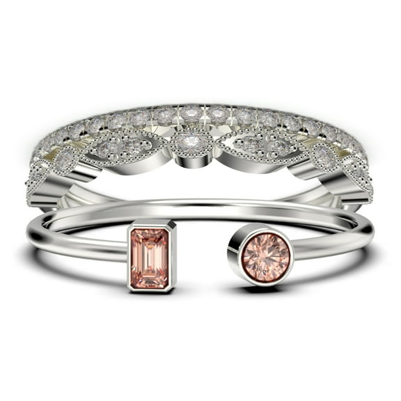 Minimalist Open Band Ring 1.80 Carat Round Cut Morganite And Diamond Moissanite Engagement Ring, Unique Style Ring in 925 Sterling Silver With 18k White Gold Plating, Trio Set, Matching Band