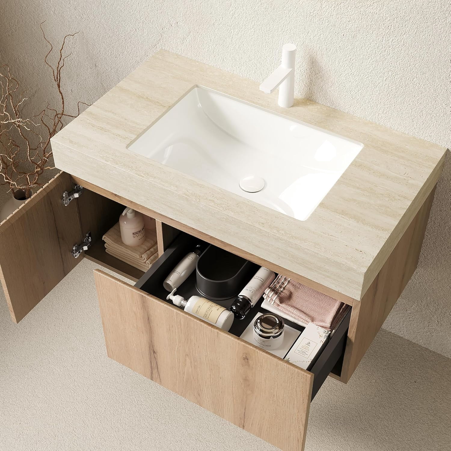 36" Bathroom Vanity with Sink, Wall Mounted with Drawer and Door, Roma Travertine-Pattern Countertop and Ceramic Basin, Pre-Assembled Cabinet