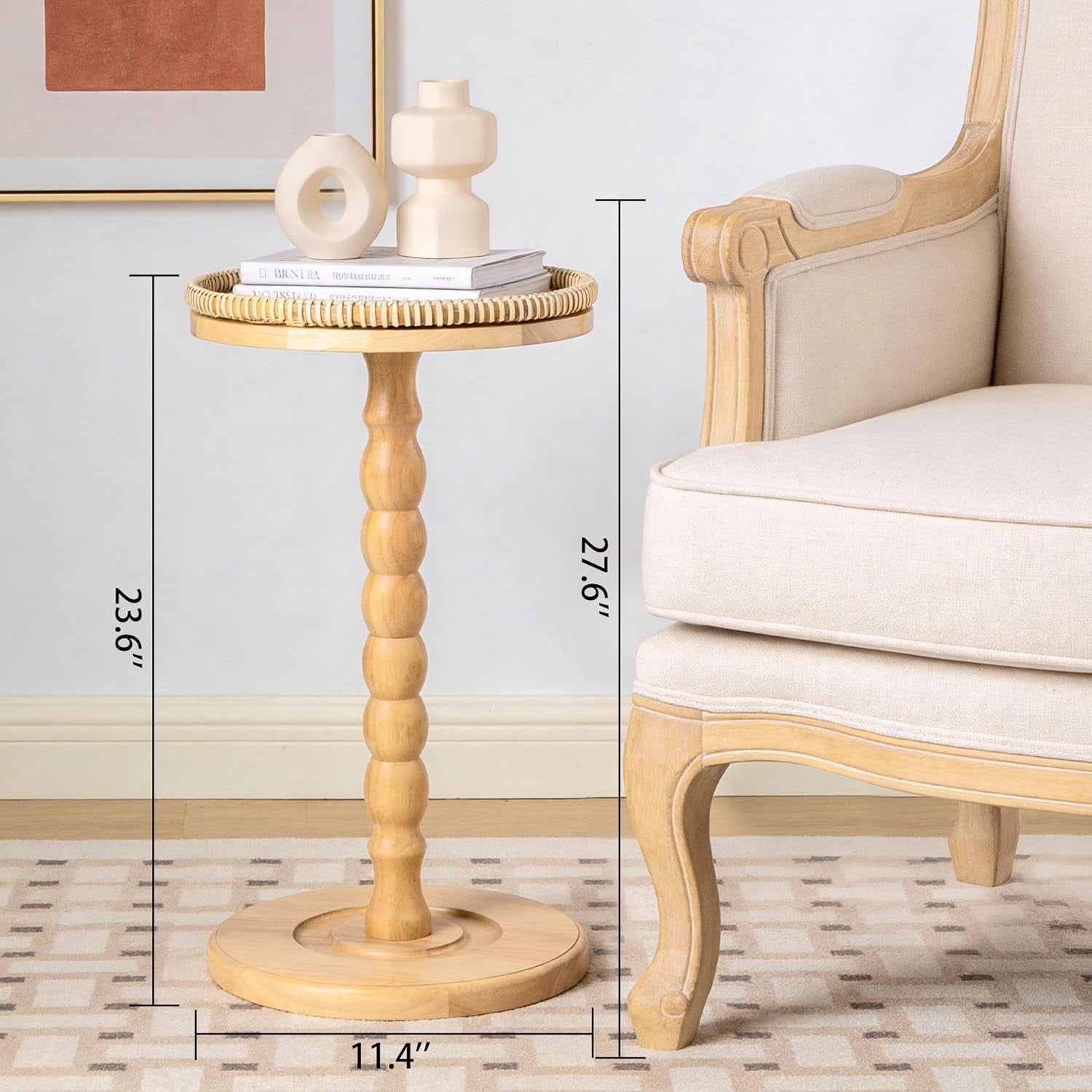 Rattan Round Side Table, Solid Wood Drink Table,Rubberwood‌ Small Drink Table for Small Spaces, Solid Wood Pedestal Coffee Tables, End Tables for Living Room, Sofa , Bedroom