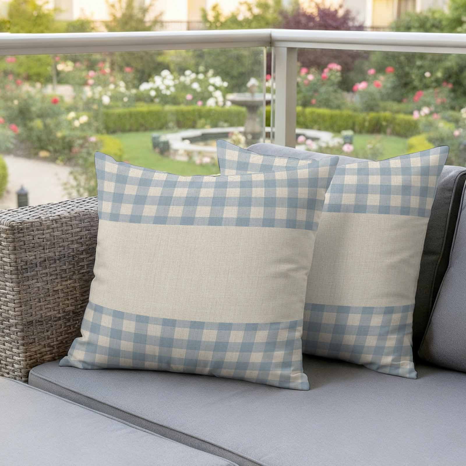Blue Plaid Outdoor Pillow Covers Set of 2 Retro Country Blue Plaid Linen Texture Waterproof Throw Pillow Cover Decorative Cushion Cases for Patio Porch Garden 26X26 Inch