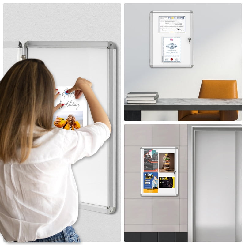 Lockable Notice Board 36"x24" Tamperproof Enclosed Display Board Whiteboard Cabinet for Wall Outdoor Use for Home Office Library, Community, Corridor, Wall-Mounted, Sliver Aluminium Framed