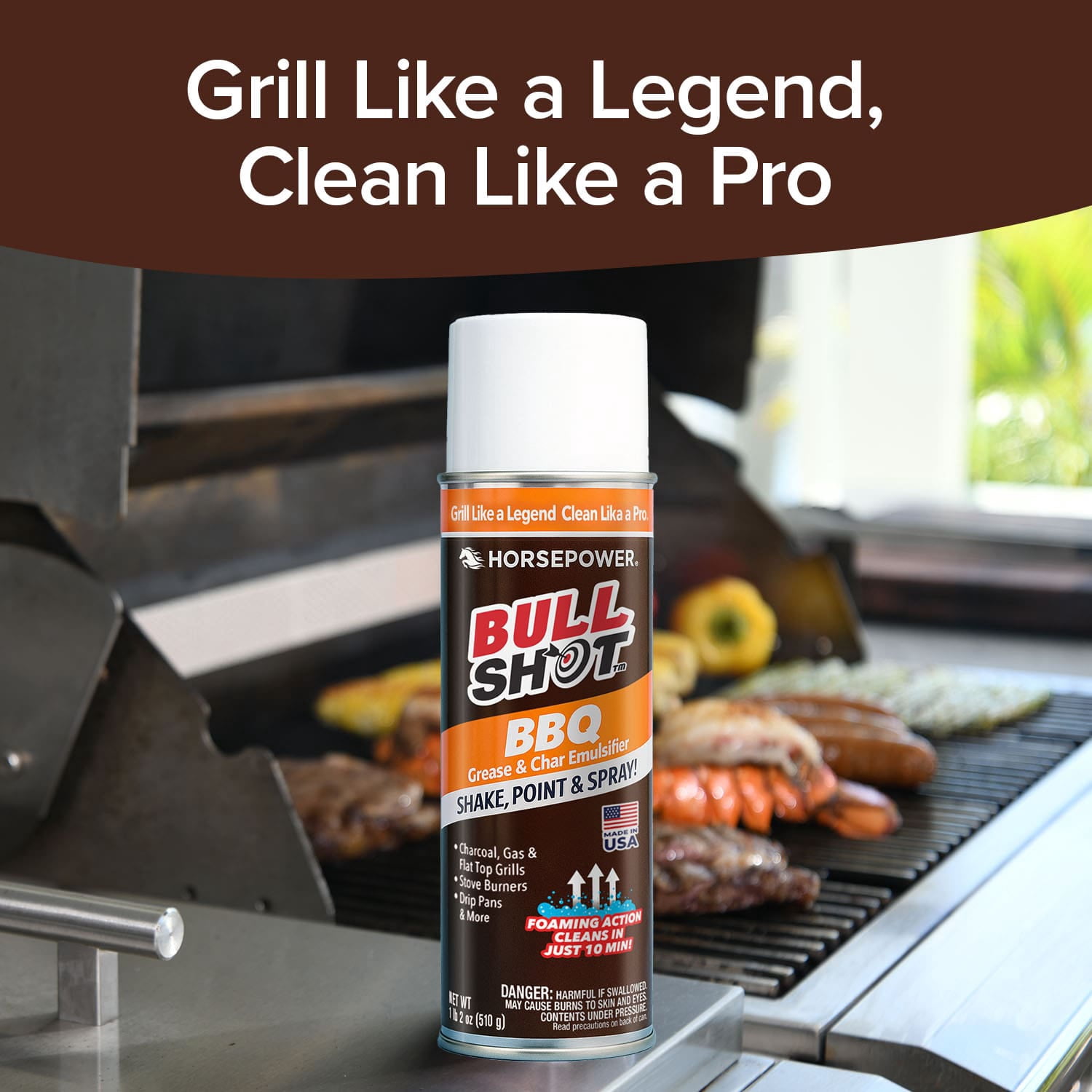 Horsepower Bull Shot BBQ Grill Cleaner, Super-Concentrated, Foaming Action Cleans in Just 10 Min, AS SEEN ON TV, Made in the USA, Emulsifies Grease and Char on Charcoal, Gas, Grills & More 2PK