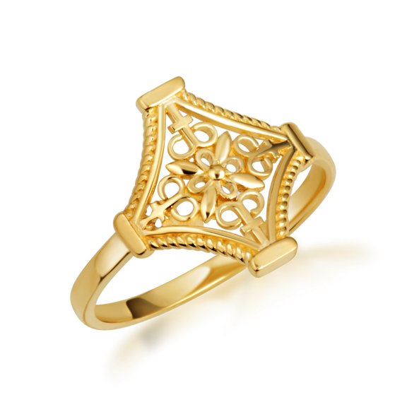 10k Yellow Gold Flower Filigree Statement Ring (Size 4)