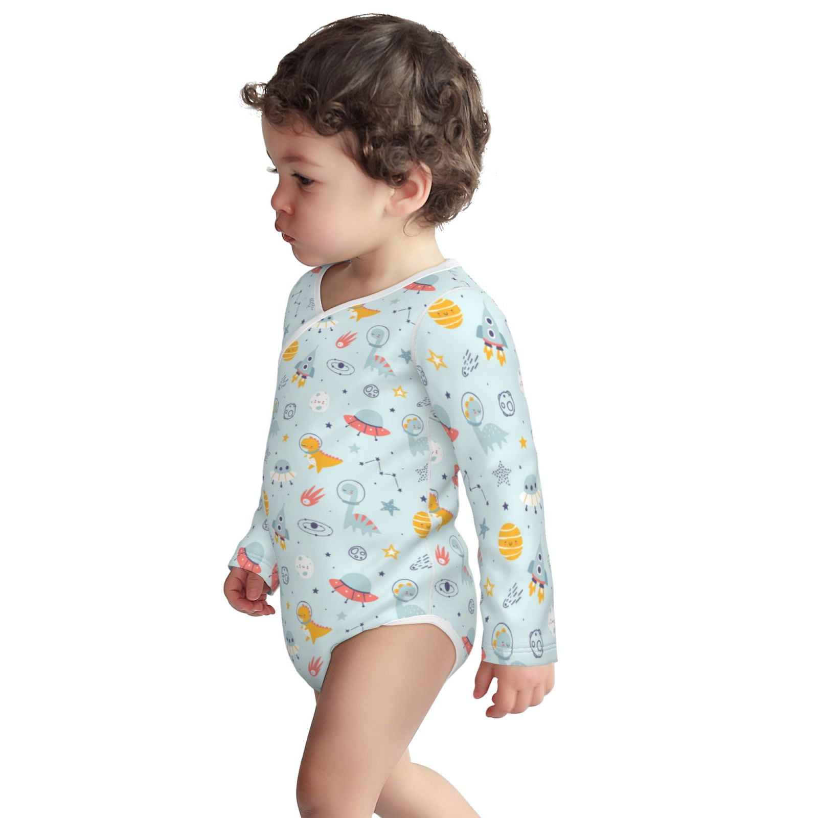 Xecao Space With Dino Astronauts Print Baby unisex-baby Cotton Long-sleeve Bodysuits-2 Years