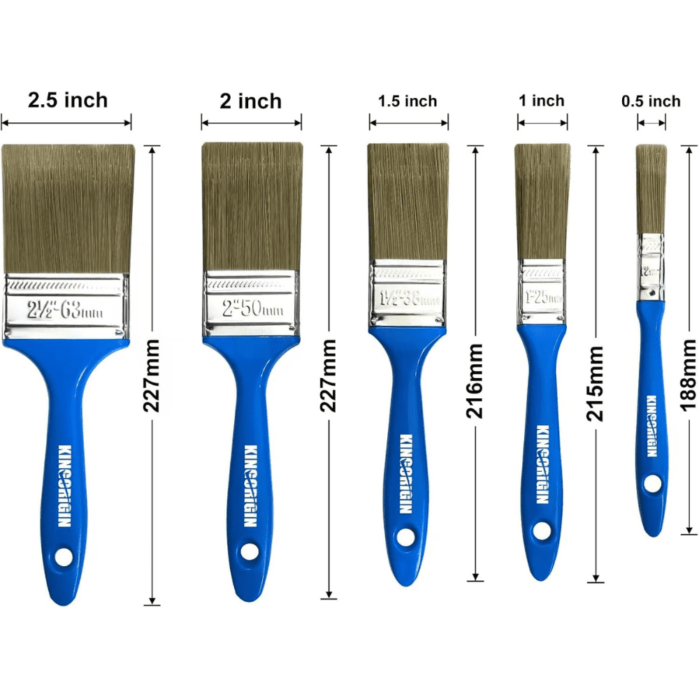 10-Piece Paint Brush Set, 0.5" 1" 1.5" 2" 2.5" Mixed Sizes, Blue Plastic Handle, for Walls, Trim & Furniture