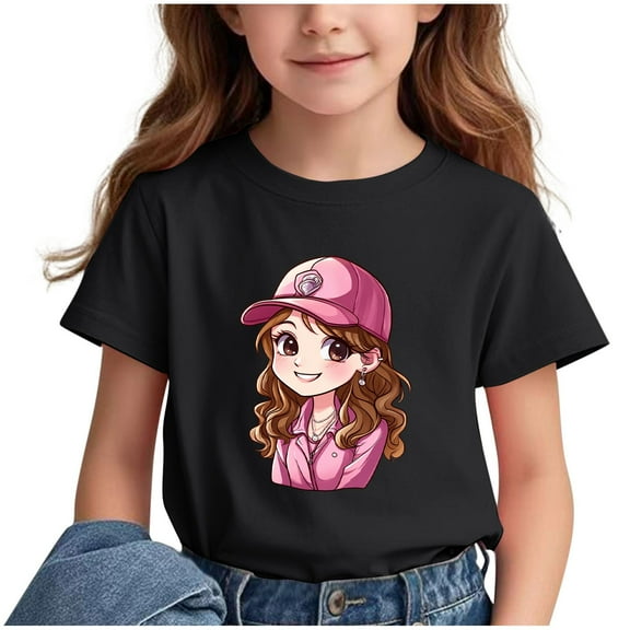 Print Girls Soft and Stretchy Round Neck Short Sleeve T-Shirt Kids Clothes Clothes Girls Clothes Bs