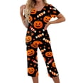 thumbnail image 3 of Women's Halloween Lounge Set Short Sleeve Round Neck Top and Capri Pants with Pockets Ghost Print Breathable Soft Pajama Set Casual Sportswear for Daily Wear Black L, 3 of 6