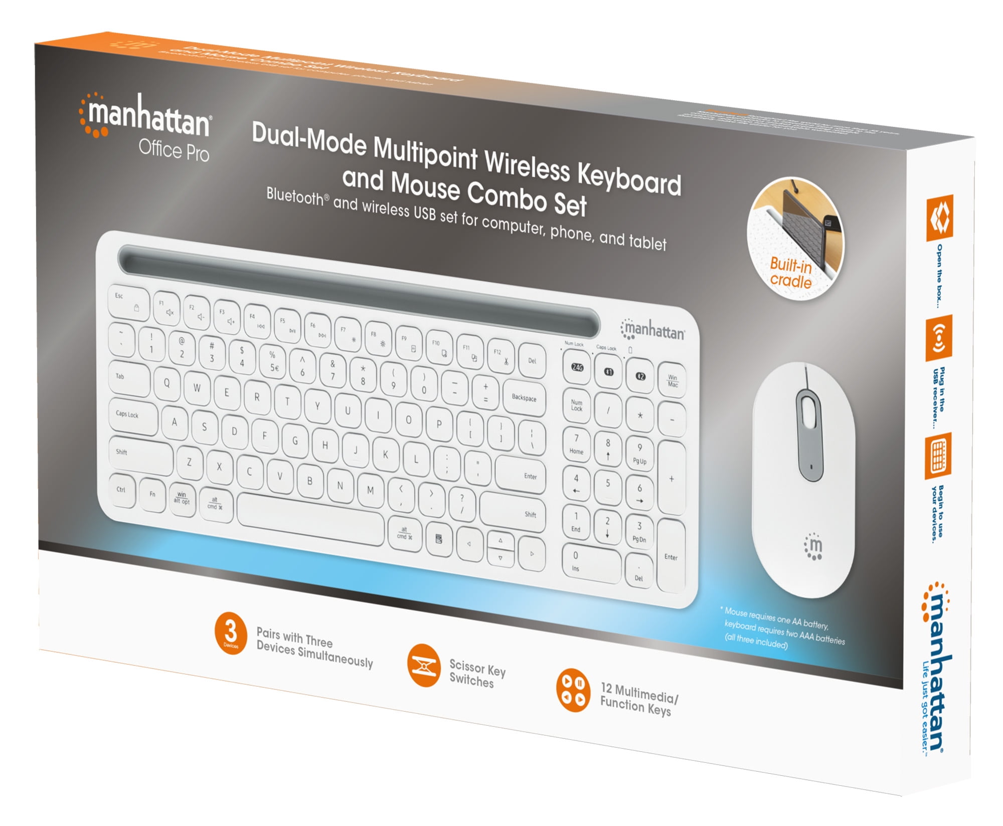 Manhattan Dual-Mode Wireless Keyboard and Mouse Combo Set, 2.4 Ghz and Bluetooth,  Ambidextrous Optical Mouse, White