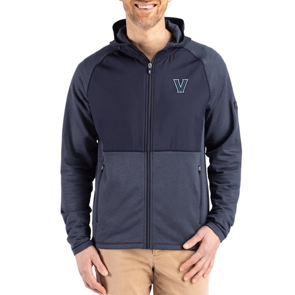 Men's Cutter & Buck Heather Navy Villanova Wildcats Peshastin Eco Fleece Recycled Raglan Full-Zip Tri-Blend Hybrid