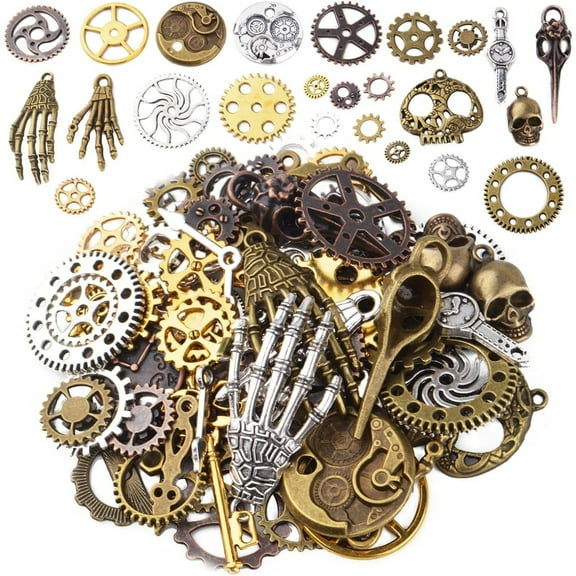 100g(Approx 76pcs) Assorted Colors Antique Metal Steampunk Clock Gear Cog Wheel Skull Key Skull Hand Safety Pin Charms Pendant Jewelry Charms for Craft Jewelry Making Accessory