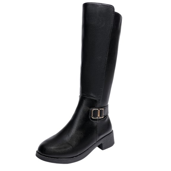 J-490 Black Ladies Pu Knee High Boots Round Toe Belt Buckle Side Zipper Low Heel Casual Solid