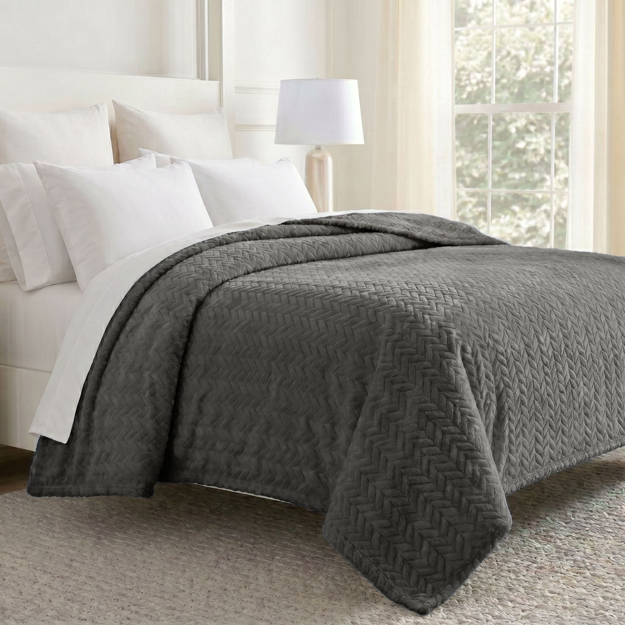 Superior Hope Herringbone Fluffy Fleece Blanket, King Size, Charcoal
