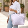 thumbnail image 2 of Striped Tote Bag for Women Large Work Totes Plaid Pool Handbag Letter Print Trendy Slouchy Beach Bag, 2 of 7