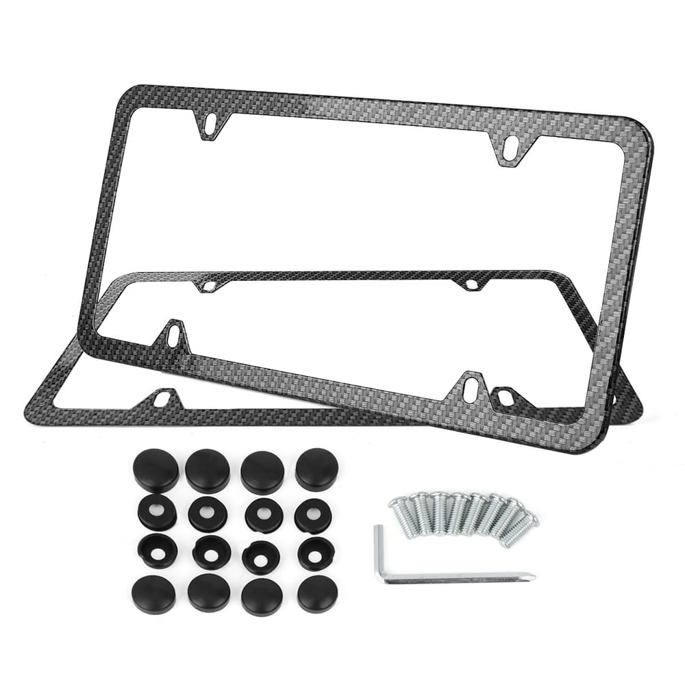 2 Pcs Carbon Fiber Front Rear License Number Plate Frame w/ Screw Caps