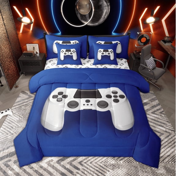 Manfei Game Controller Bedding Comforter Set, Teens Gamer Gaming King Bedding Sets, Blue White Bed Sheets Breathable Home Decor Reversible 7 Pieces