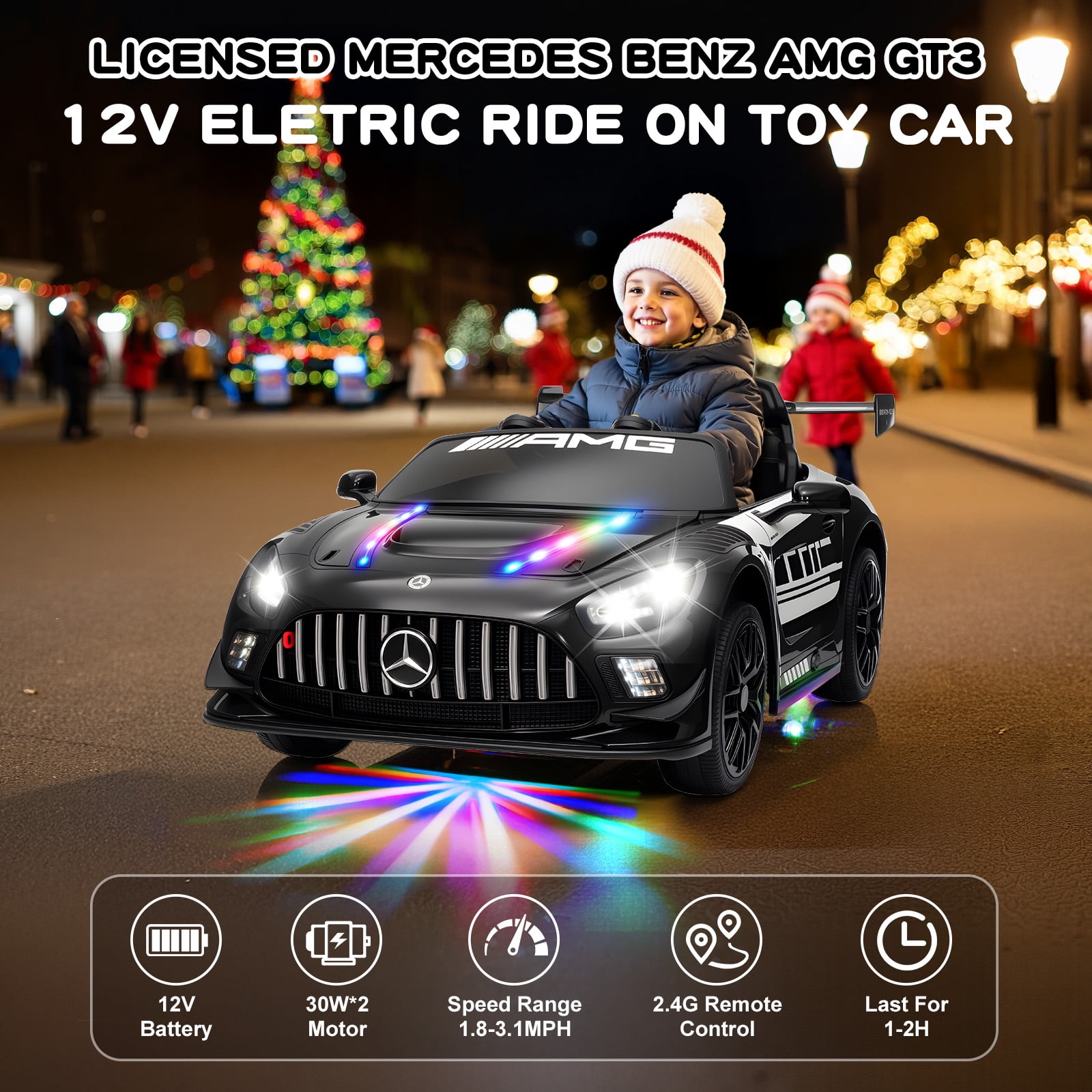 MUKIDY 12V Licensed Mercedes-Benz AMG GT3 Electric Ride on Car Toy for Toddler Kid w/ Remote Control, LED Lights, MP3 Player, Black