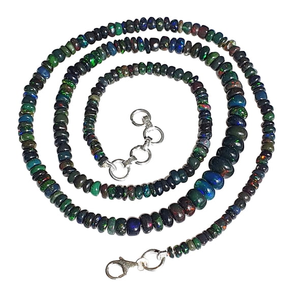 Tibetan Silver Genuine Black Opal Necklace for Women, 18" Strand with 3–7mm Beads, Adjustable 925 Sterling Silver Chain, Handmade Jewelry
