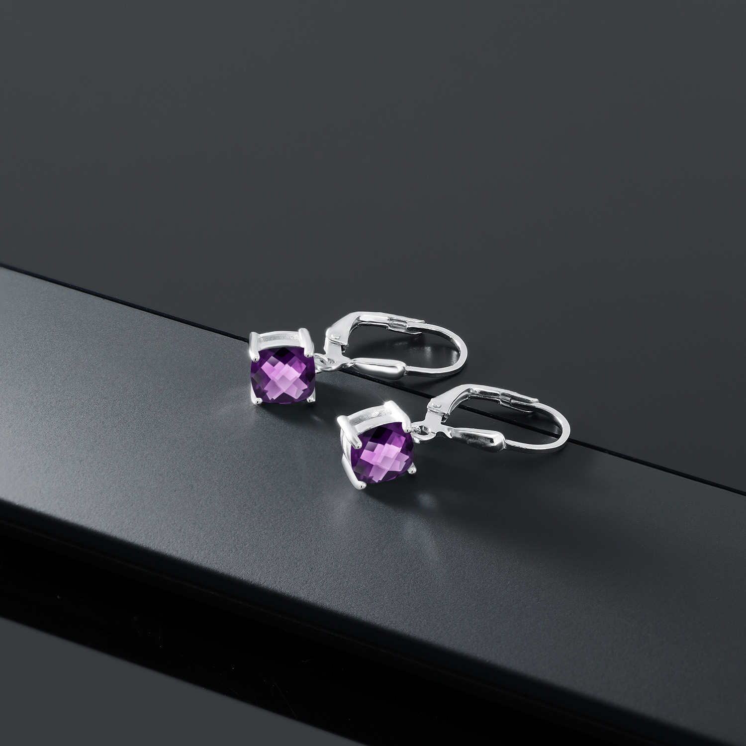 Gem Stone King 925 Sterling Silver Purple Amethyst Dangle Earrings for Women (1.40 Cttw, Gemstone February Birthstone, Cushion Checkerboard 6MM)