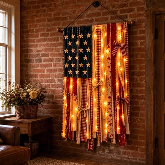 Memorial Day Saving!4th of July Decorations, 23.8x65.7 inch Vintage Patriotic American Flag with Light, Distressed USA Rag Flag for Independence Day, Courtyard, Porch, Wall Hanging