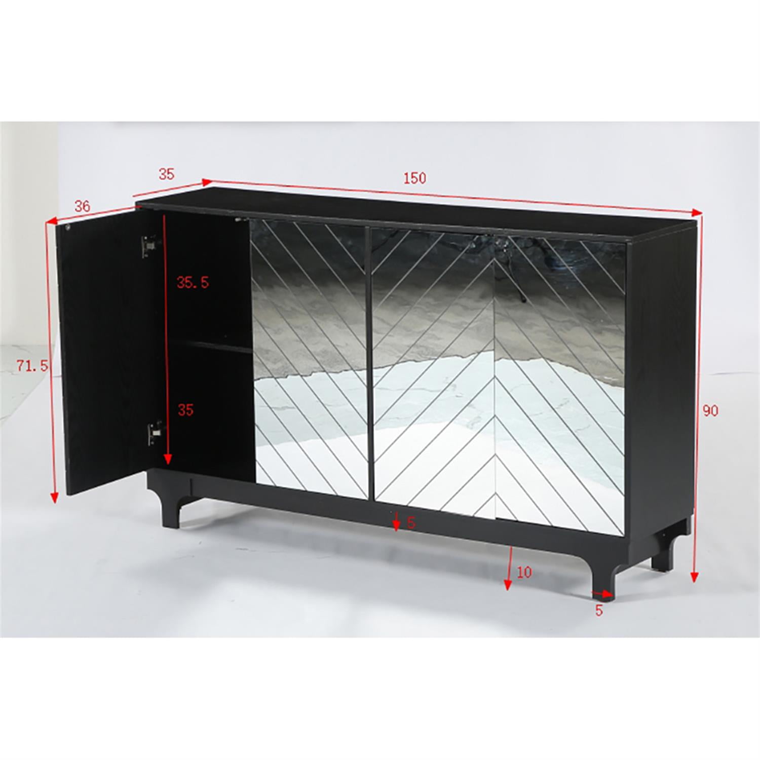 Demi Bonn 59" Sideboard Buffet, Modern Credenzas Storage Cabinet with 4 Acrylic Mirror Doors, Dining Room, Hallway, Cupboard Console Table, Liquor, Black