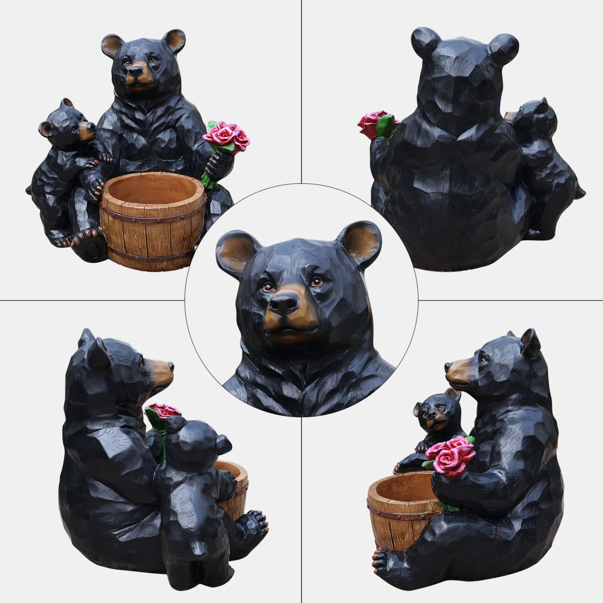 Bear Planter Statue Outdoor Garden Sculpture, Black Resin Flower Pot with Cub Design, Large Yard Decor for Patio Lawn