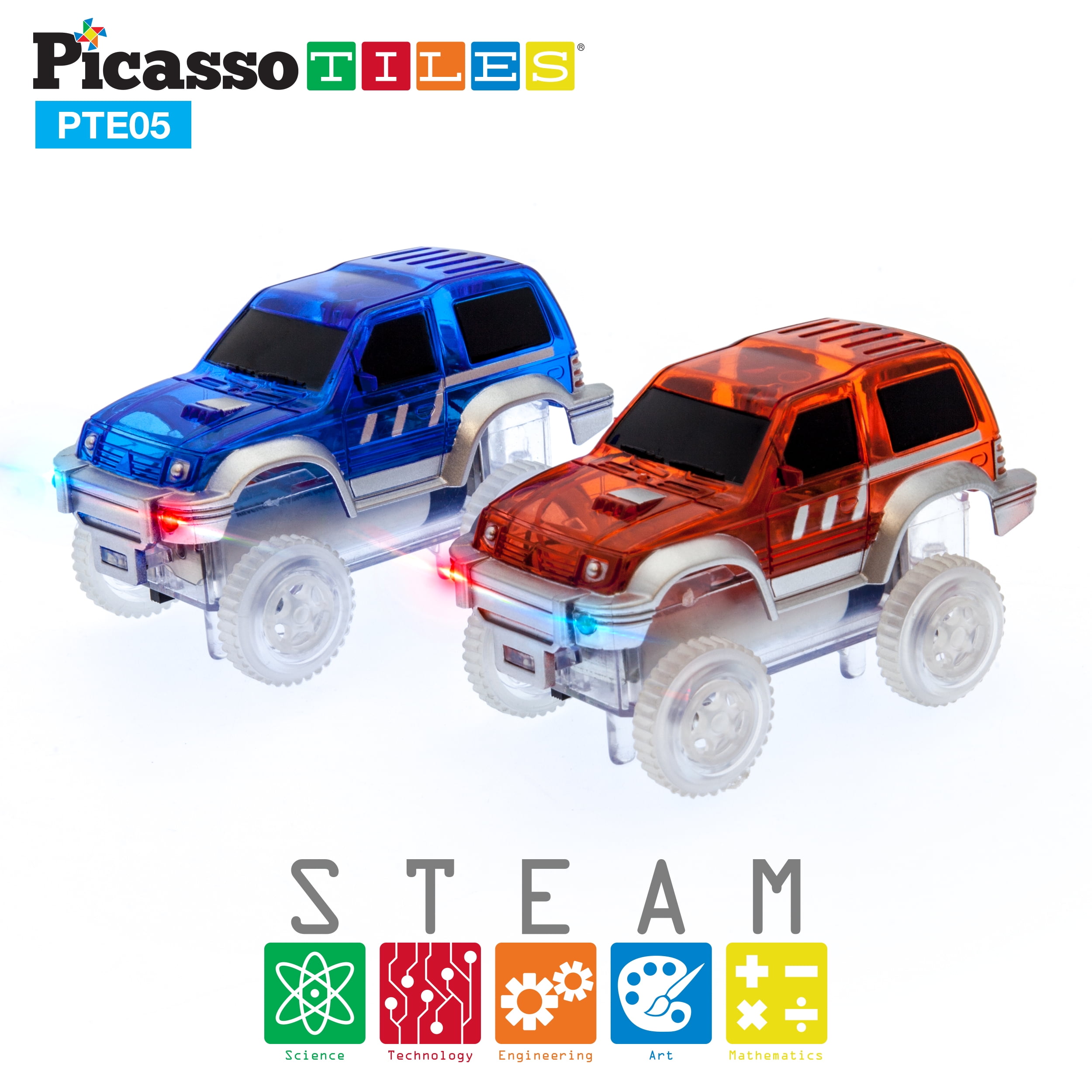 PicassoTiles 2 Piece Race Track Cars with Light Up LED in Bulk Package PTE05