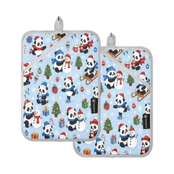 Two Pieces Of Square Heat Insulation Pad Oven Mitts Pandas Snowmen 7x9.8 Inch Oven Microwave Kitchen Cooking Baking