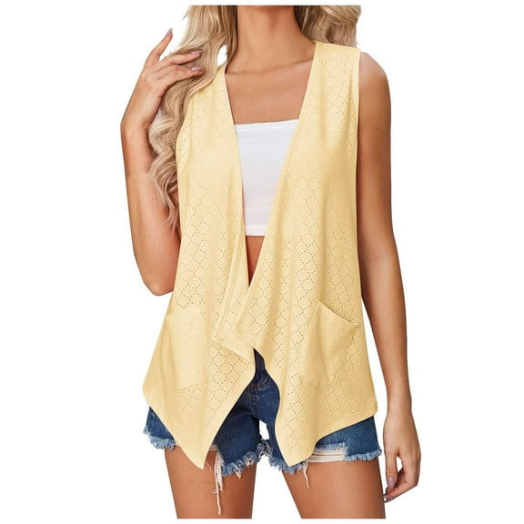 JIUKE Summer Cardigans for Women Sleeveless Eyelet Tops Casual Open Front Beach Coverups with Pockets Size XL