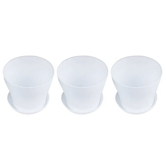 3X Plastic Plant Flower Pot Planter With Saucer Tray Round Gloss Home Garden Decor, White Upper -, 14cm