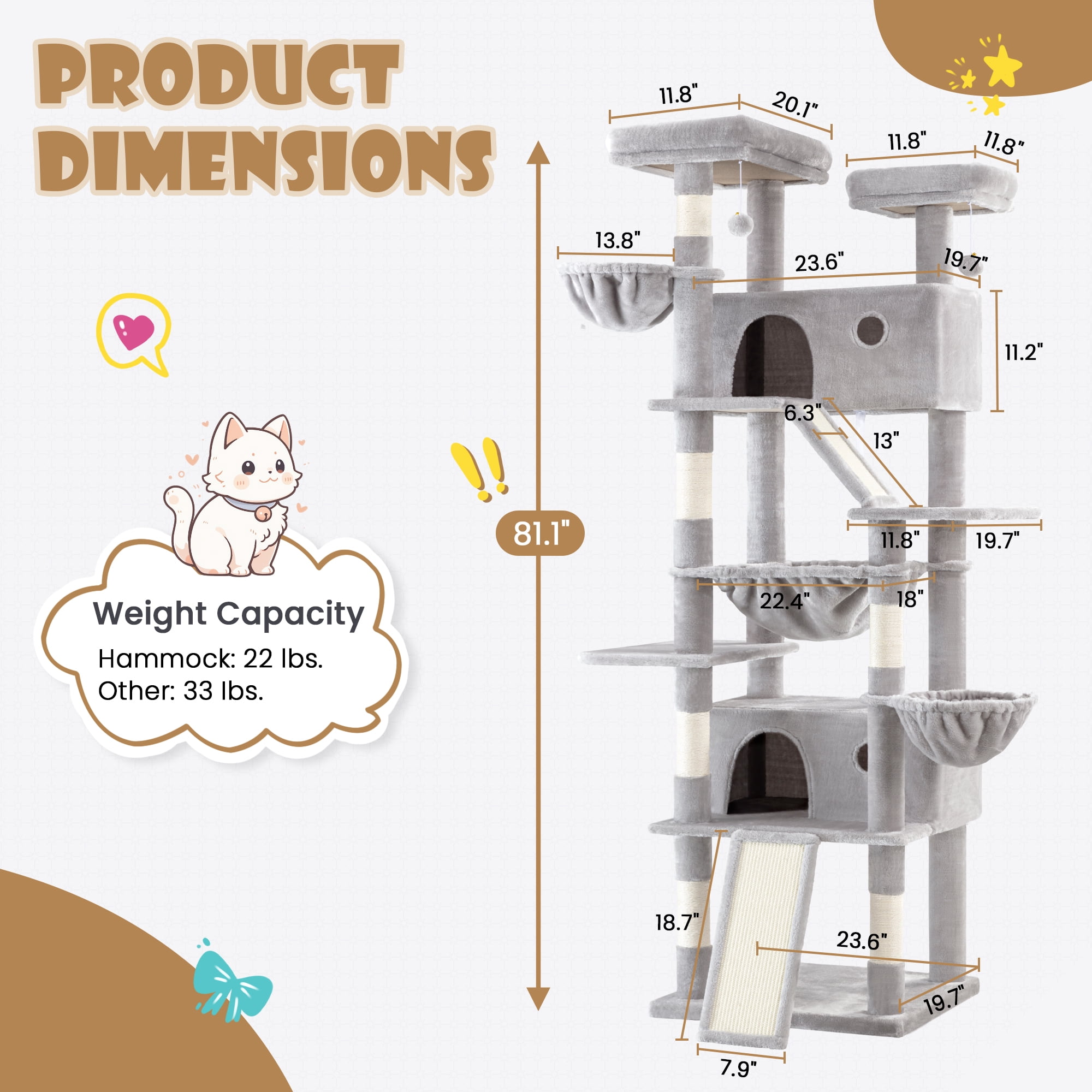 Sha Cerlin 81" Large Cat Tree Tower with Cat Condo & Hammock, Multi-Level & Sisal Scratching Post, Grey