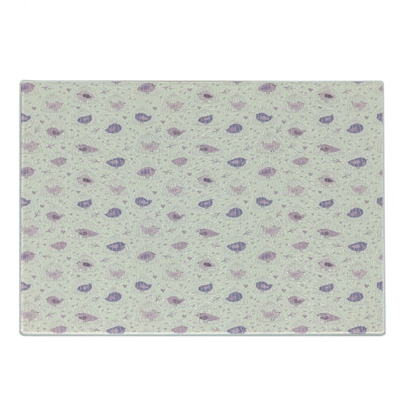Cartoon Cutting Board, Repeating Pattern of Birds in Cages with Heart Leaf and Branch, Decorative Tempered Glass Cutting and Serving Board, in 3 Sizes, by Ambesonne