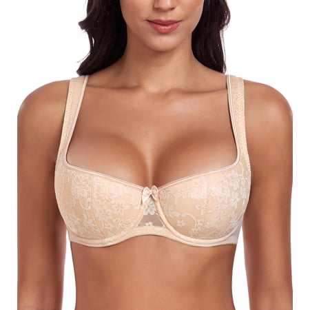 Curyon Women's Lightly Padded Floral Lace Demi Wide Straps Underwire Balconette Bra,32C
