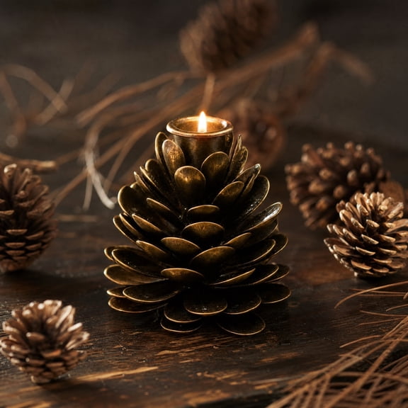 Cififendec Christmas Metal Pinecone Candle Holder, 3.94", Retro Tabletop Candlestick Ornament for Xmas Fireplace Mantel Dining Table Cabin Cafe Winter Holiday Decor