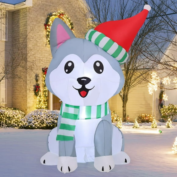 Perro husky inflable navideño GOOSH de 1,5 m con gorro de Papá Noel y LED