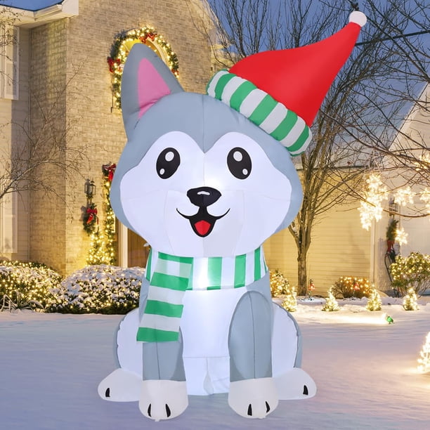 Perro husky inflable navideño GOOSH de 1,5 m con gorro de Papá Noel y LED