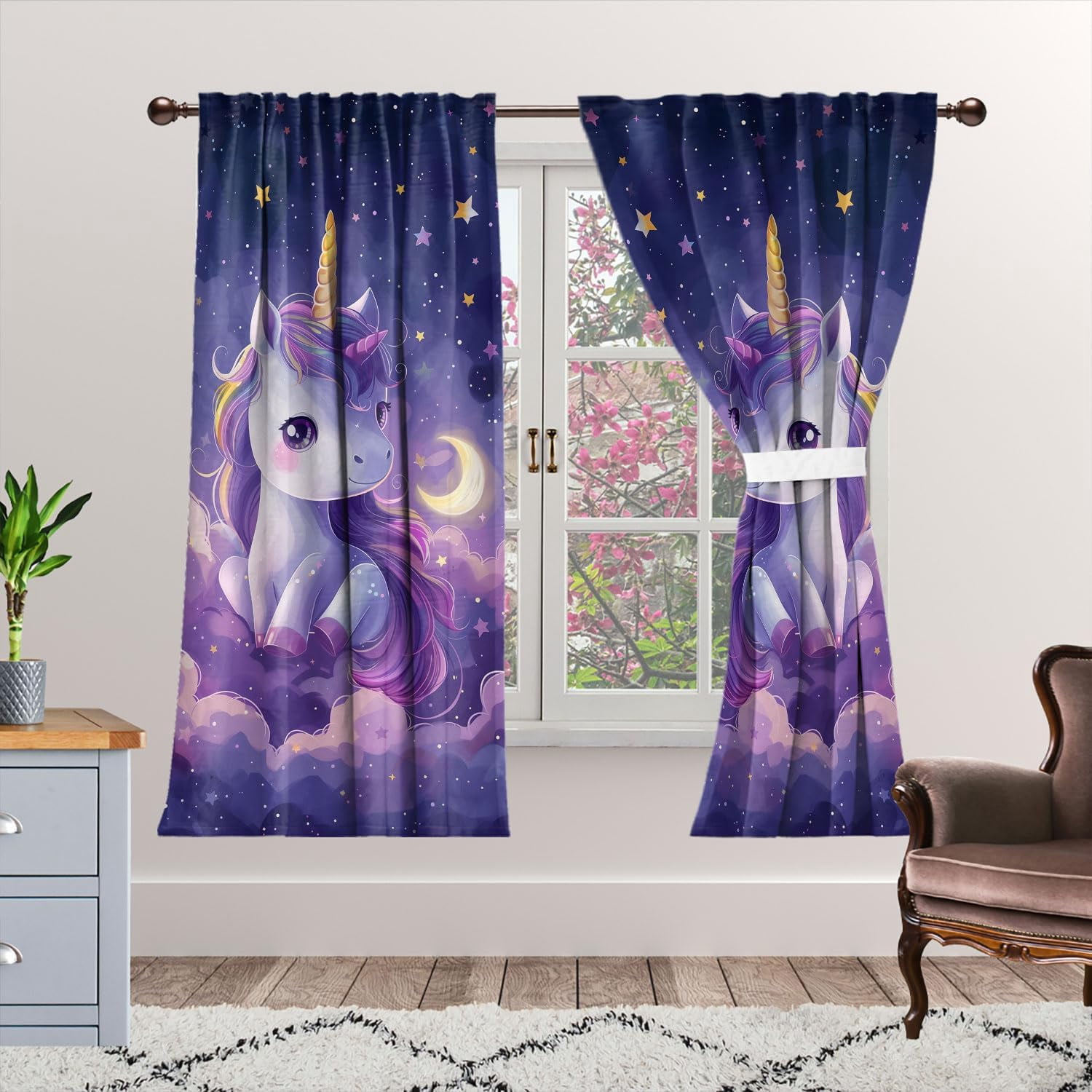 Cute Unicorn Blackout Curtains for Kid Girls Boys Bedroom, Cartoon Stars Moon Dreamy Fantasy Rod Pocket Darkening Thermal Insulated Curtains for Bedroom Living Room, W42 x L63 Inch