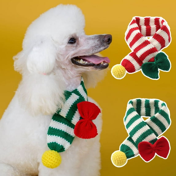 Christmas Dog Cat Santa Scarf, Dog Winter Knitted Scarf Pet Winter Neck Warmer Costume with White Pompom Ball Party Dressup Xmas Cute Decorate Gift Red