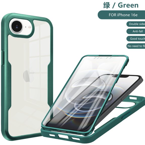 TECH CIRCLE for Apple iPhone 16e PC TPU Clear Case with Front Screen Protector Rugged Full Body Shock-Absorbent Protective Transparent Anti-Yellowing Silicone Bumper Back Cover,Darkgreen