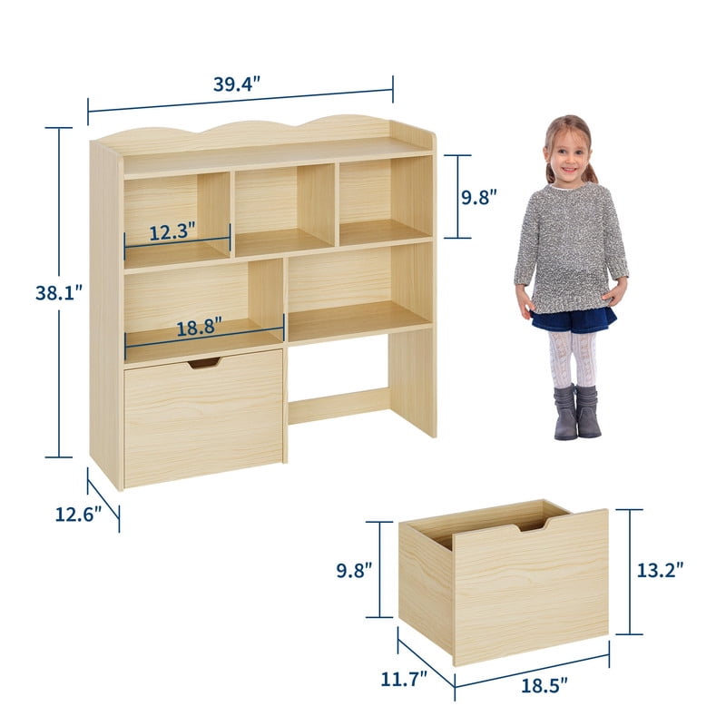 TROPOW Toy Storage Organizer with Movable Drawers, Kids Bookshelf with Hidden Wheels & Open Cubbies, Multifunctional Floor Storage Chest for Playroom