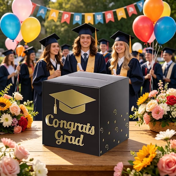 CaiYueKe 2026 Graduation Card Box - Sturdy Cardboard Mortarboard Holder for Graduation Party Decorations, Congrats Grad Money Box for Gift Cards & Envelopes, College Supplies
