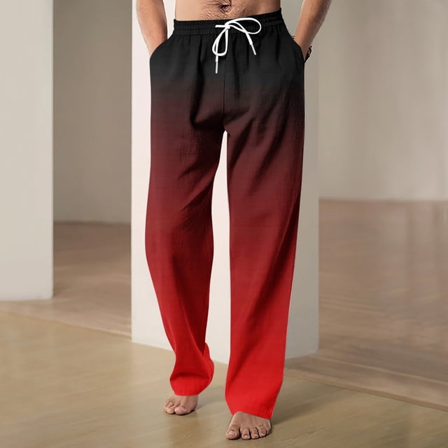 RXIRUCGD Men's Fashion Drawstring Elastic Waist Gradient Color Casual Length Pants, Wine, Size: L