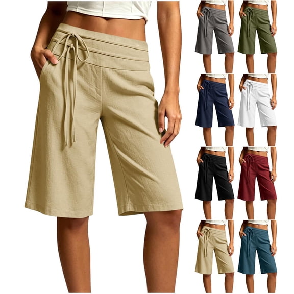 AHTJRT Tie Side Capri Pants for Women High Waist Knee Length Stretchy Breathable Summer Wide Leg Cotton Linen Capris with Pockets Black XL