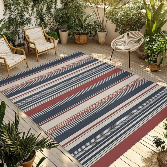 Navy Blue Stripes Lines Outdoor Area Rug 3x5ft Decorative Indoor Outdoor Rug Red Classic Vertical Striped Patio Area Rug for Porch, Deck, Balcony, Entryway, Camping & RV