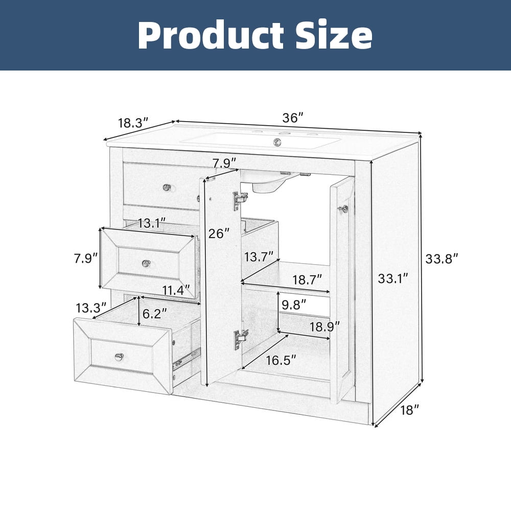 MIDODO 36" Bathroom Vanity with Sink, Modern Bathroom Cabinet with a Soft Closing Door and 4 Drawers Solid Wood Frame