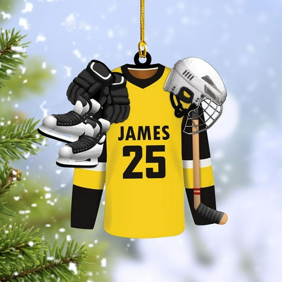 HomeDesign Personalized Hockey Christmas Ornament, Hockey Skates Helmet and Stick, Hockey Player Ornament, Hockey Ornaments, Gift for Hockey Lovers Hockey Ornament Christmas Decor (H7) (Yellow)