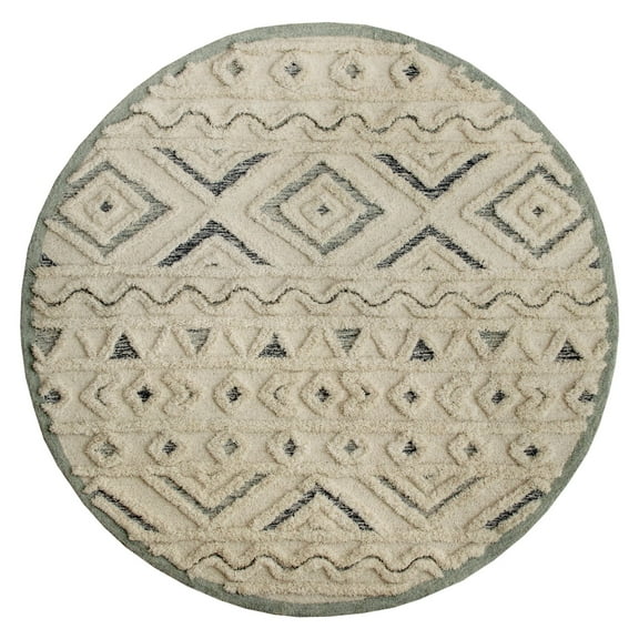 Laddha Home Designs 4' Beige and Gray Geometric Hand Tufted Wool Round Area Throw Rug